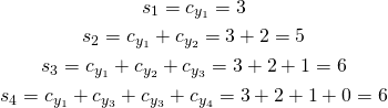 \begin{gather*} s_{1} = c_{y_1} = 3\\ s_{2} = c_{y_1} + c_{y_2} = 3 + 2 = 5\\ s_{3} = c_{y_1} + c_{y_2} + c_{y_3} = 3 + 2 + 1 = 6\\ s_{4} = c_{y_1} + c_{y_3} + c_{y_3} + c_{y_4}= 3 + 2 + 1 + 0 = 6 \end{gather*}