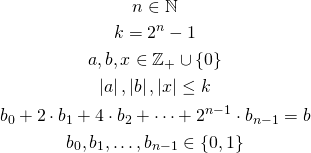 \begin{gather*} n \in \mathbb{N} \\ k = 2^{n} - 1 \\ a,b,x \in \mathbb{Z_+} \cup \{0\} \\ \left|a\right|, \left|b\right|, \left|x\right| \le k\\ b_0 + 2\cdot b_1 + 4\cdot b_2 + \cdots + 2^{n-1}\cdot b_{n-1} = b\\ b_0, b_1, \ldots, b_{n-1} \in \{0, 1\} \end{gather*}