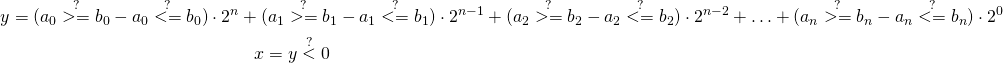 \begin{gather*} y = (a_0 \stackrel{?}{>=} b_0 - a_0 \stackrel{?}{<=} b_0) \cdot 2^{n} + (a_1 \stackrel{?}{>=} b_1 - a_1 \stackrel{?}{<=} b_1) \cdot 2^{n-1} + (a_2 \stackrel{?}{>=} b_2 - a_2 \stackrel{?}{<=} b_2) \cdot 2^{n-2} + \ldots + (a_n \stackrel{?}{>=} b_n - a_n \stackrel{?}{<=} b_n) \cdot 2^{0} \\ x = y \stackrel{?}{<} 0 \end{gather*}
