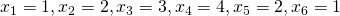 x_1 = 1, x_2 = 2, x_3 = 3, x_4 = 4, x_5 = 2, x_6 = 1