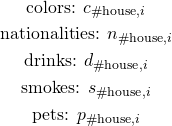\begin{gather*} \text{colors: }c_{\text{\#house}, i} \\ \text{nationalities: } n_{\text{\#house}, i} \\ \text{drinks: } d_{\text{\#house}, i} \\ \text{smokes: } s_{\text{\#house}, i} \\ \text{pets: } p_{\text{\#house}, i} \end{gather*}